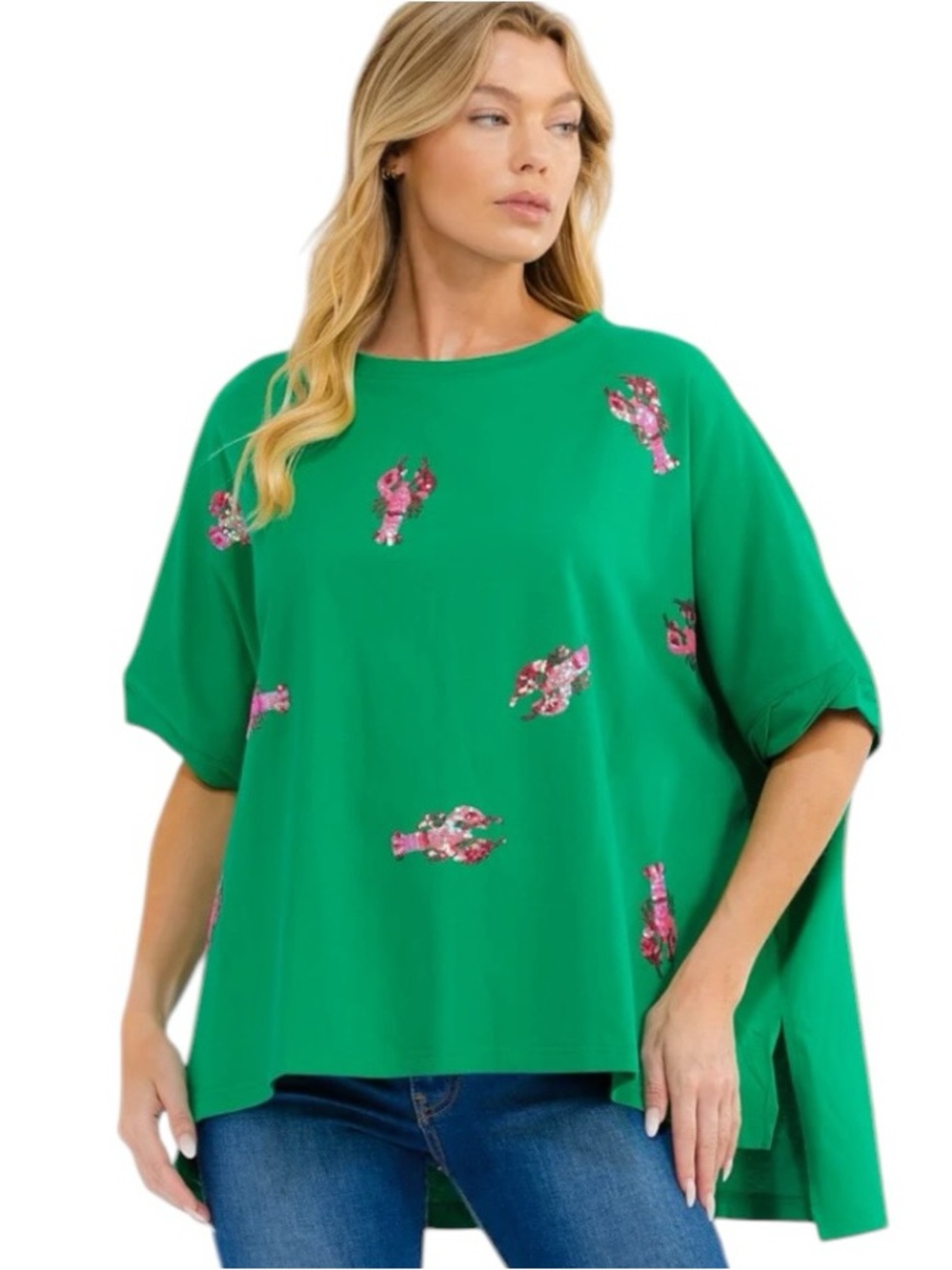 P098:  FANTASTIC FAWN NEW SEQUIN LOBSTERS TOP KELLY GREEN (H29)